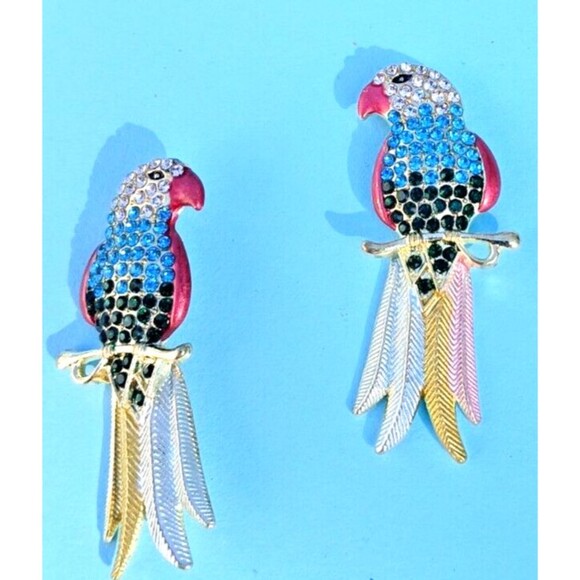 Gold & Rhinestone Parrot Bird Colorful Earrings Blue Green Tail Feathers - Picture 2 of 5